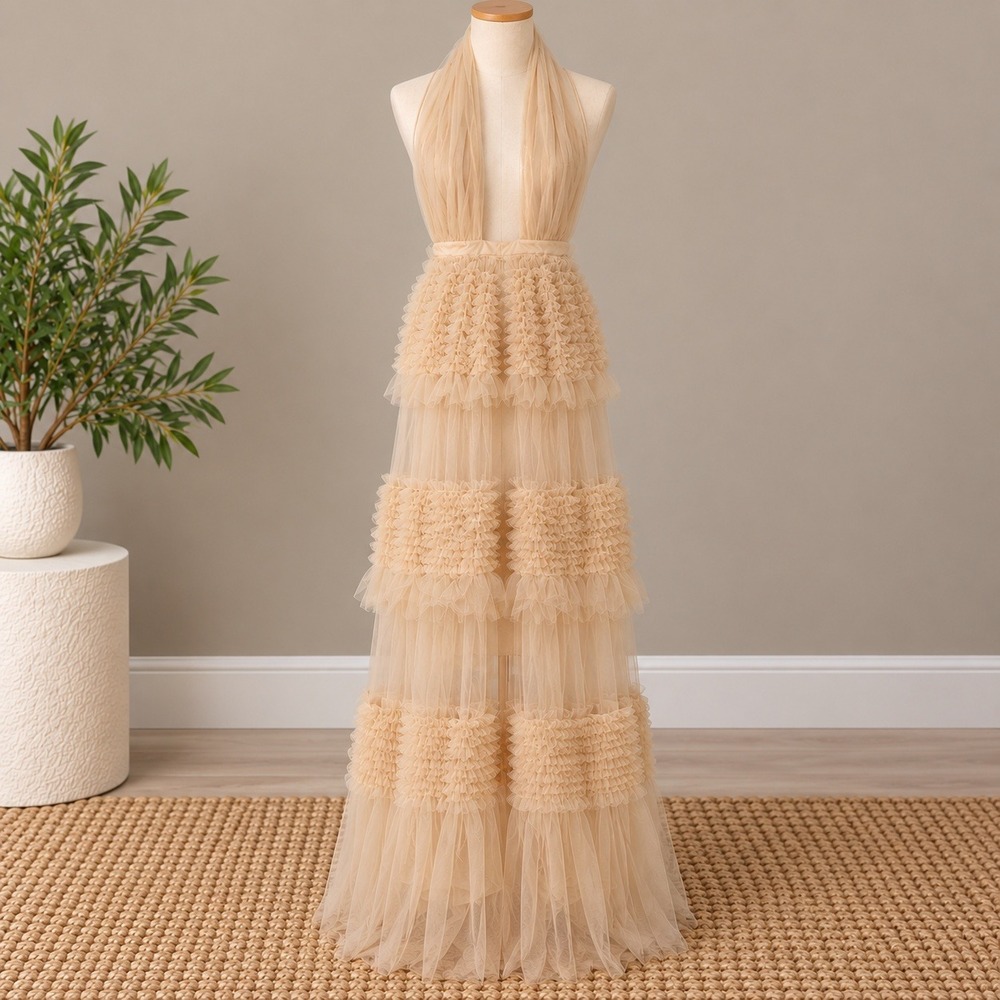 Blithe LA Champagne Nude Backless Tiered Ruffle Tulle Maxi Gown Dress Medium 70"